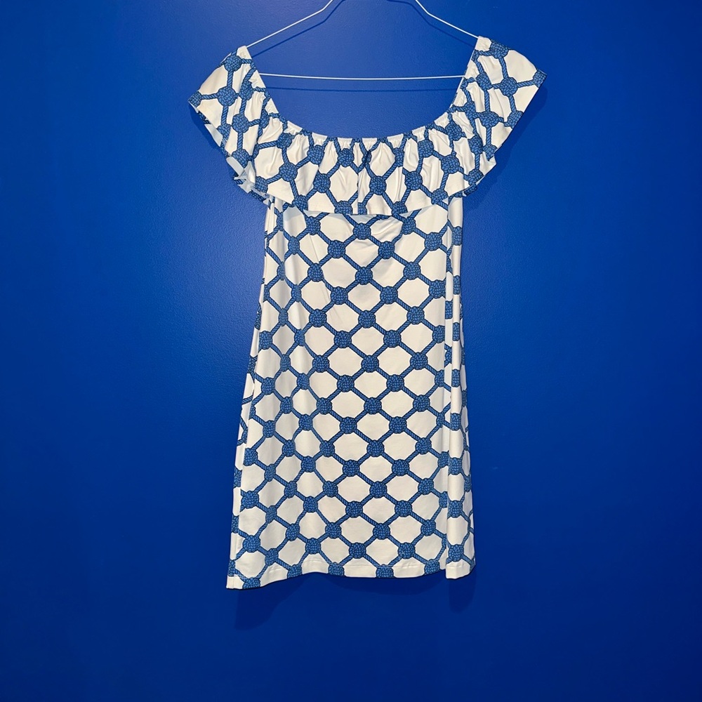 White and Blue Ruffled Off-the-Shoulder Mini Sundress